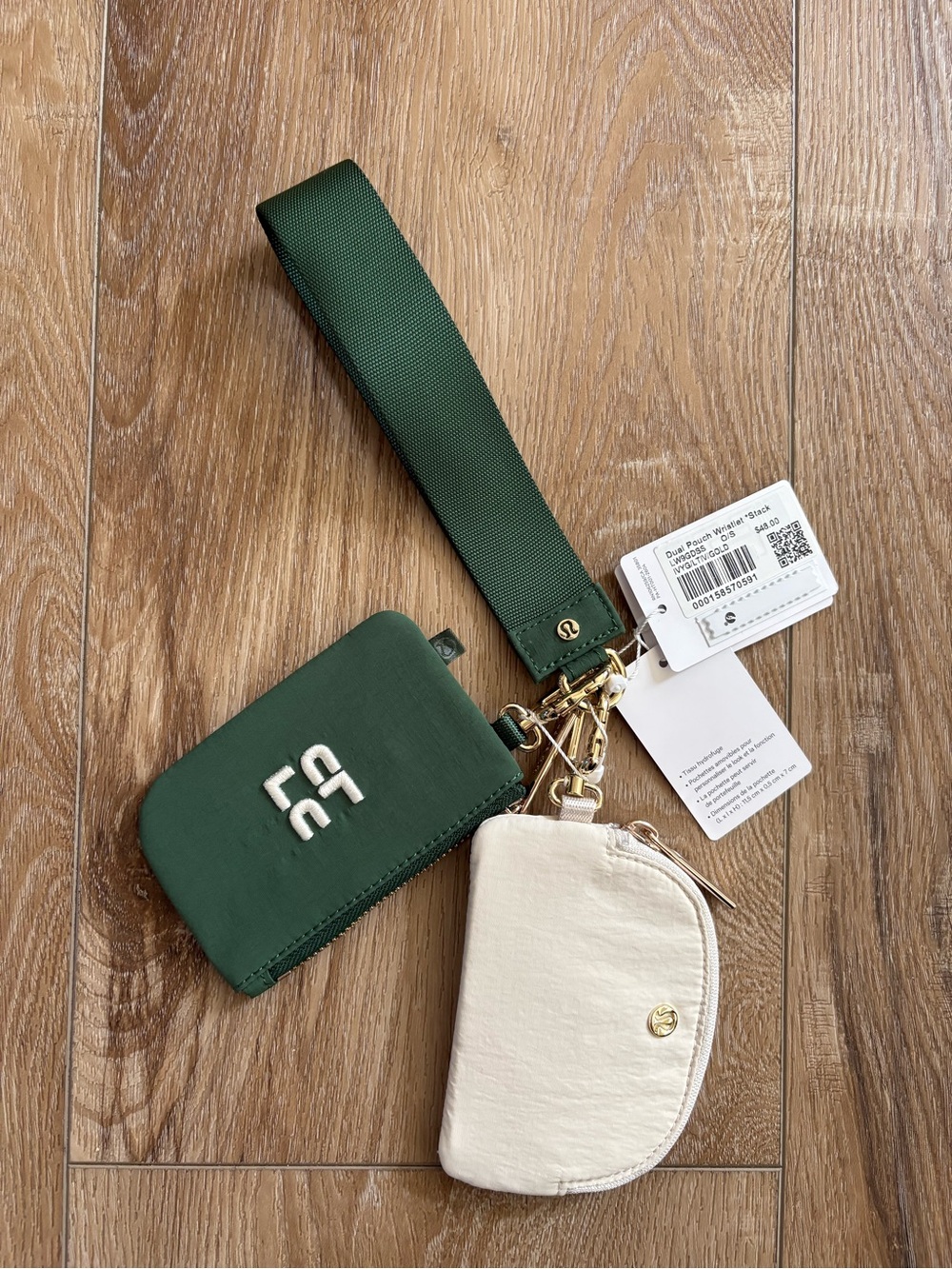 Lululemon Green Wristlet Keychain with Cream Coin Pouch